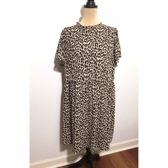 Loft Dress Womens XL Brown Black Leopard Print Babydoll Ruffle Flutter Sleeve - Picture 1 of 16